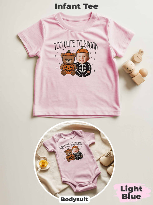 Personalized Baby “Too Cute To Spook” Halloween Outfit – Custom Photo Bodysuit & Infant Tee